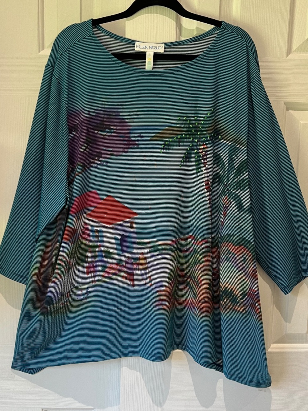 ELLEN NEGLEY ART & SOL WOMEN'S TOP SIZE 3XL TROPICAL BEACH SCENE 3/4 SLEEVE NEW